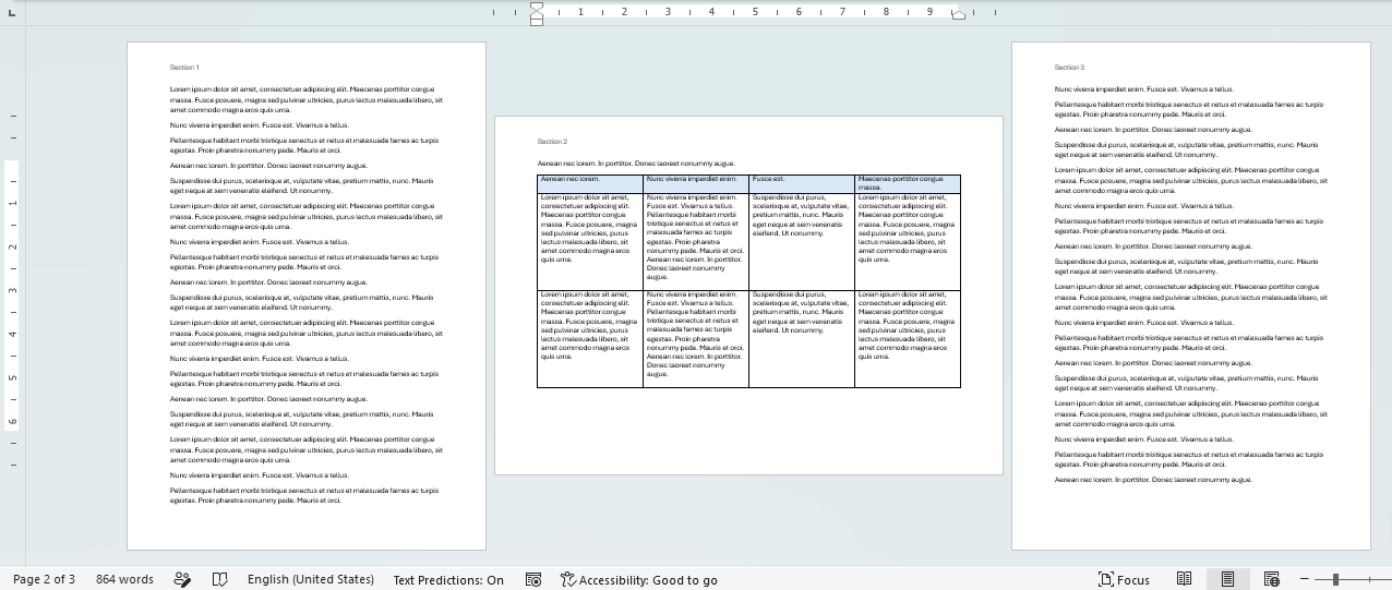 Section break example over two pages in Word